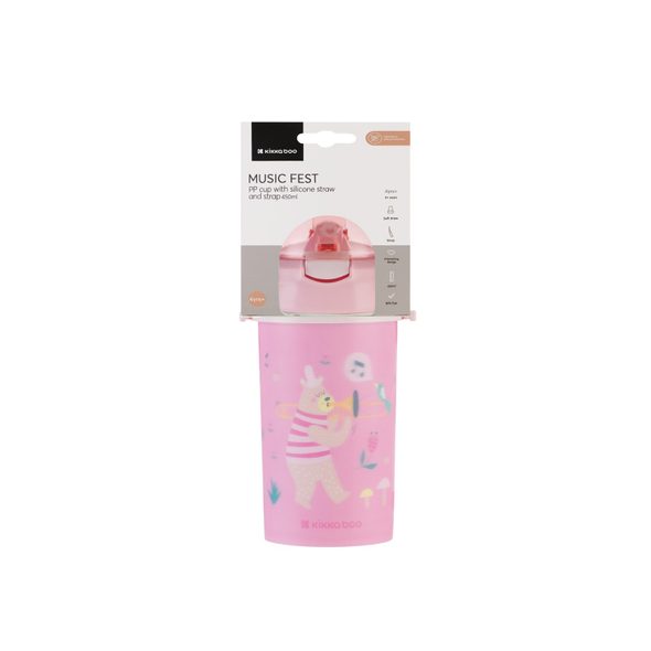 KIKKABOO HRNEK SE SILIKONOVÝM BRČKEM A POPRUHEM 450ML MUSIC FEST PINK - DĚTSKÉ HRNEČKY - KRMENÍ