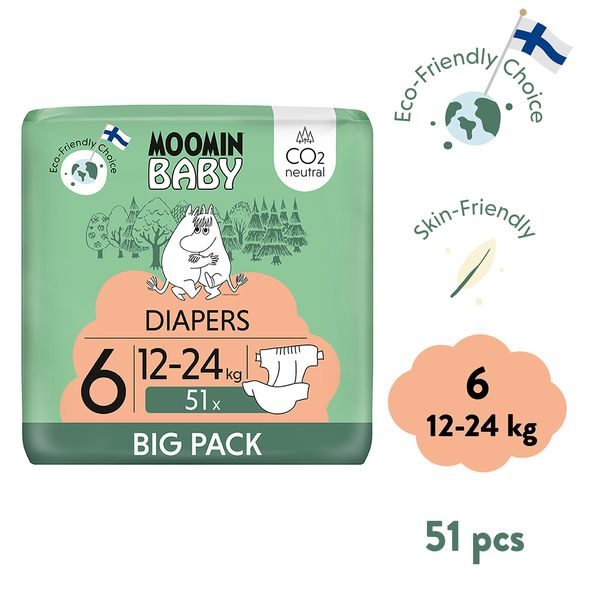 MOOMIN BABY 6 MAXI 12-24 KG (51 KS), EKO PLENKY - JEDNORÁZOVÉ PLENY - PŘEBALOVÁNÍ