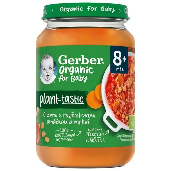 GERBER ORGANIC 100% ROSTLINNÝ PŘÍKRM CIZRNA S RAJČATOVOU OMÁČKOU A MRKVÍ 190G - MASO/ZELENINA - KRMENÍ