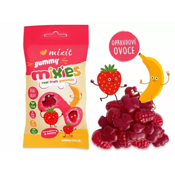 MIXIT OVOCNÉ MIXIES JAHODA & BANÁN - PŘÍRODNÍ ŽELÉ BONBÓNY - SLADKÉ ZOBÁNÍ - PRO MAMINKY