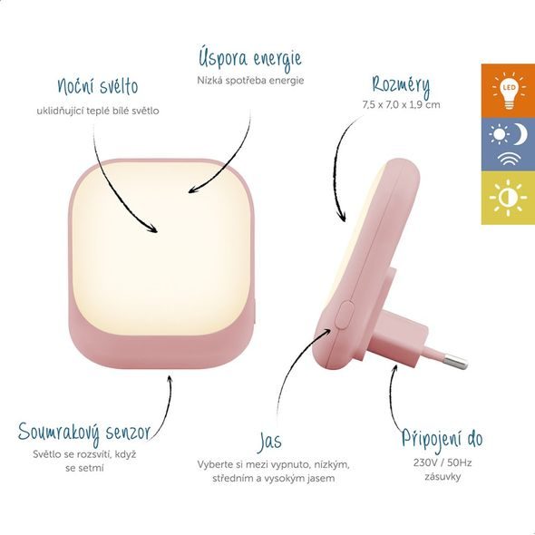 ZAZU SOCKET RŮŽOVÉ - NOČNÍ SVĚTLO DO ZÁSUVKY SE SENZOREM SOUMRAKU - NOČNÍ SVĚTLA - SPINKÁNÍ