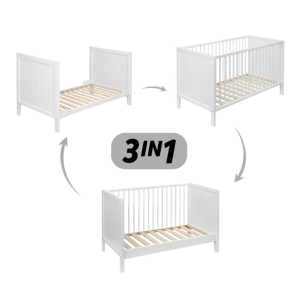 PETITE&MARS POSTÝLKA DŘEVĚNÁ MILA 3 IN 1 WHITE WOOD 120X60 CM - DŘEVĚNÉ POSTÝLKY - SPINKÁNÍ