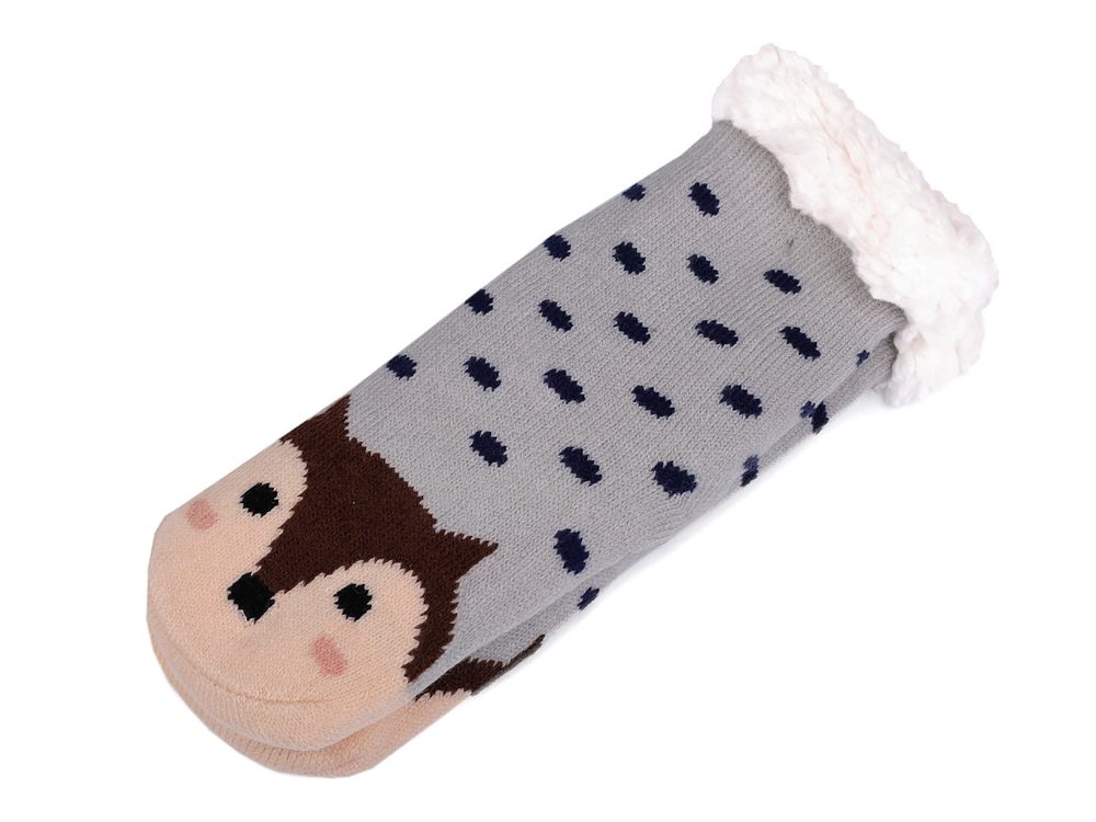Dětské ponožky zimní s protiskluzem zvířátka - 6 (vel.32-35) šedá liška