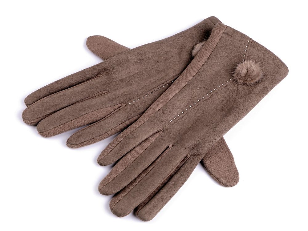 Dámské rukavice s kožešinovou bambulkou - 1 (vel. M) béžová tmavá