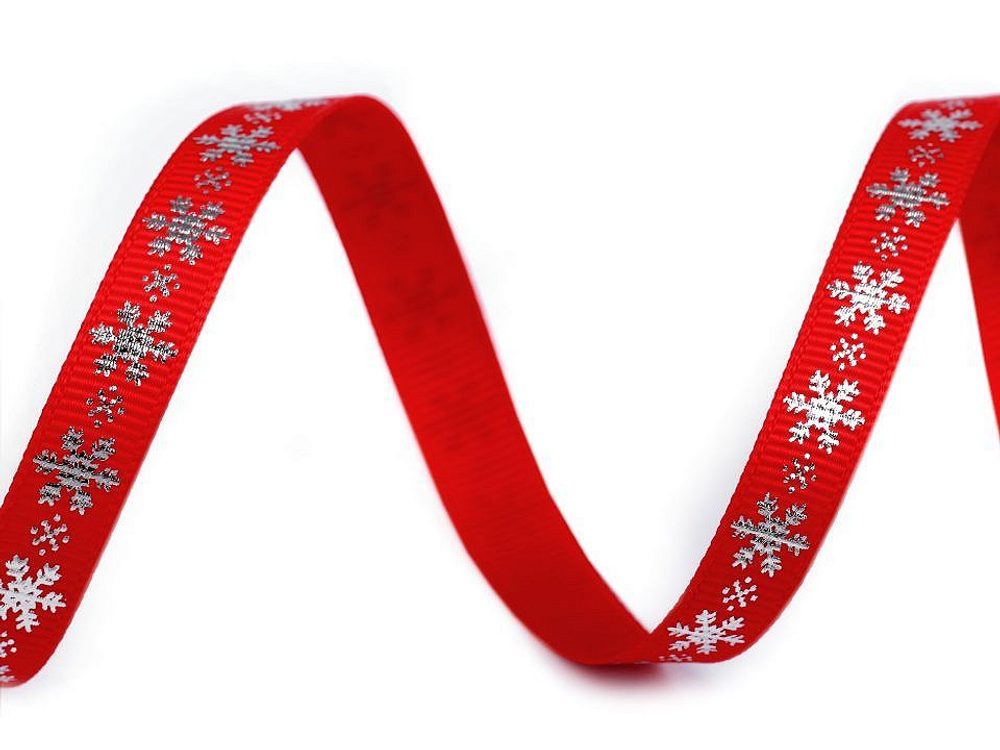 Vánoční rypsová stuha vločky šíře 10 mm návin 5 METRŮ - 1 červená