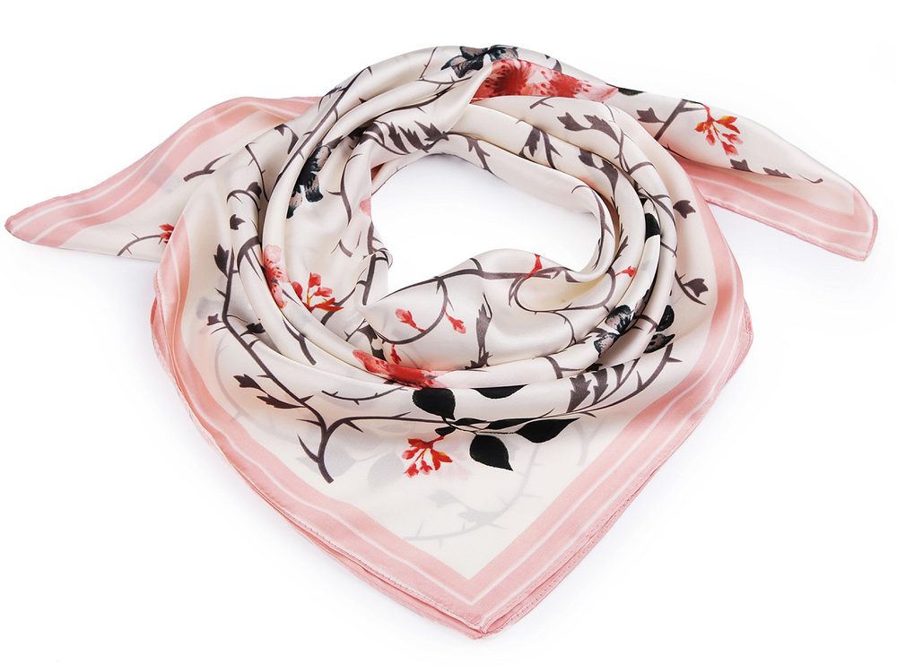 Saténový šátek květy 70x70 cm - 1 pudrová