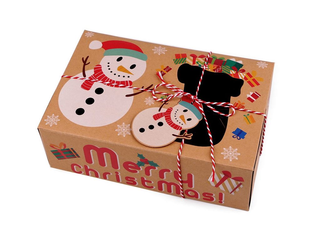 Vánoční dárková krabice s průhledem a jmenovkou - 3 hnědá přírodní sněhulák