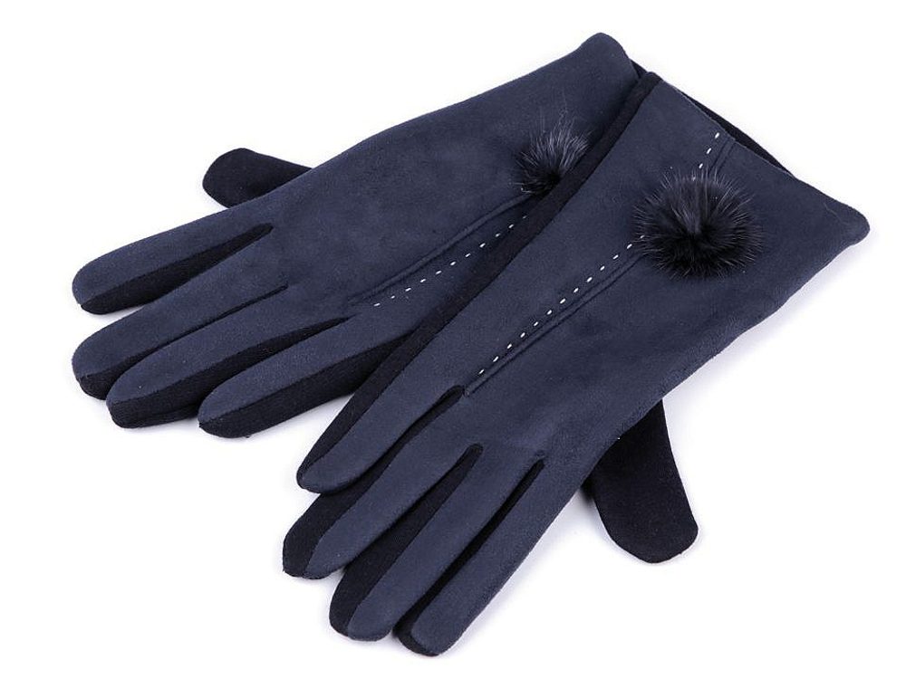 Dámské rukavice s kožešinovou bambulkou - 3 (vel. M) modrá tmavá