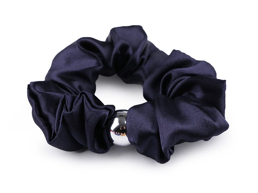 Saténová scrunchie gumička do vlasů / náramek s korálkem - 6 modrá pařížská