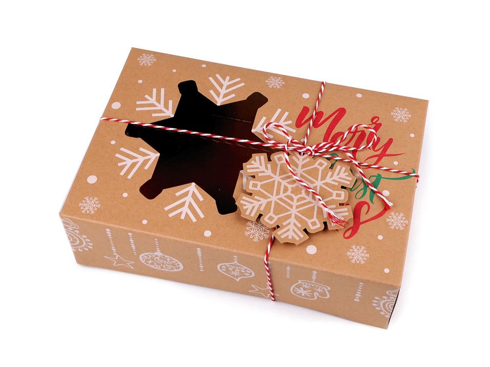 Vánoční dárková krabice s průhledem a jmenovkou - 1 hnědá přírodní vločka