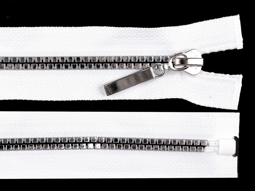 Kostěný zip šíře 5 mm délka 80 cm kostičky - bílá stříbrná