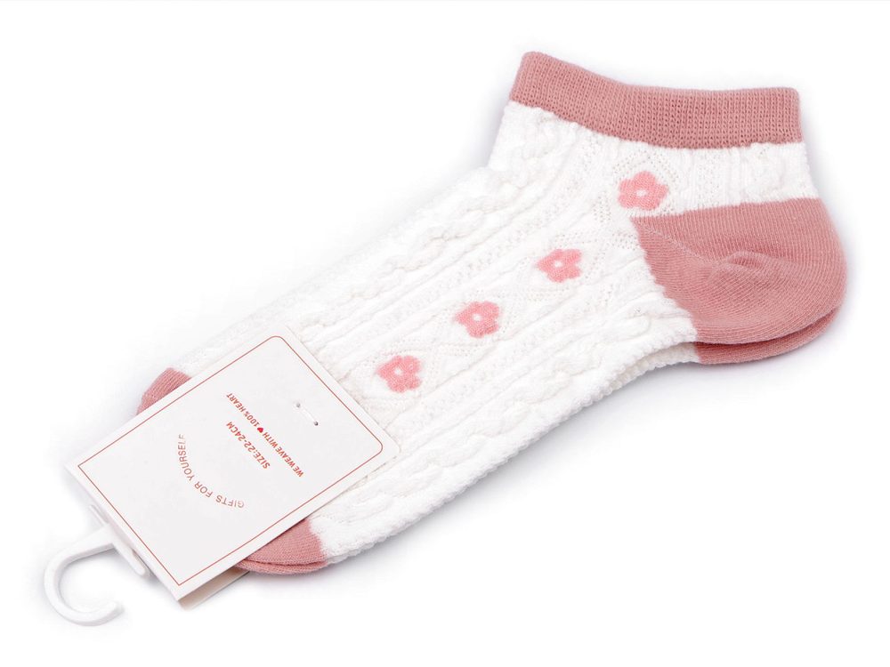 Dámské / dívčí bavlněné ponožky kotníkové - 3 pudrová květy