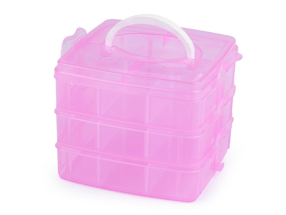 Plastový box / kufřík 3 patrový s rukojetí - 2 růžová sv.