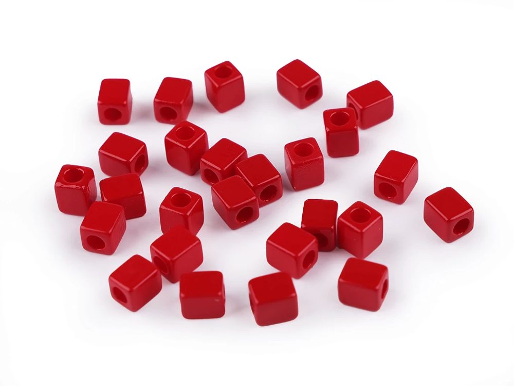 Plastové korálky kostka 6x6 mm 5 g - 3 červená