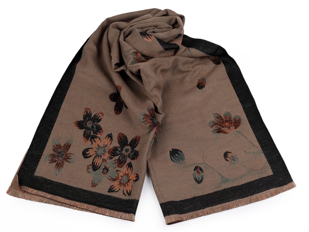 Šátek / šála typu kašmír s třásněmi, květy 65x190 cm - 6 béžová hnědá tmavá
