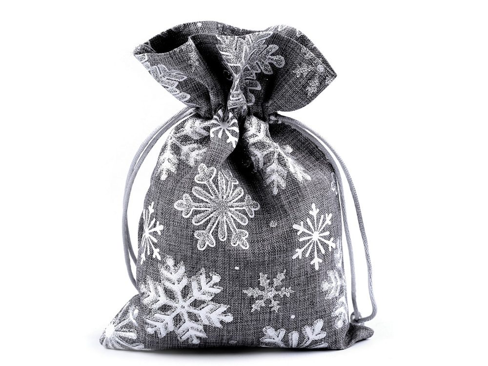 Dárkový vánoční / mikulášský pytlík vločky s glitry 13x18 cm imitace juty - 2 šedá