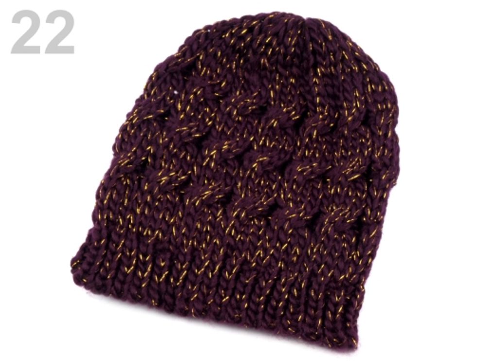 Pletená čepice s lurexem - 22 fialová švestka