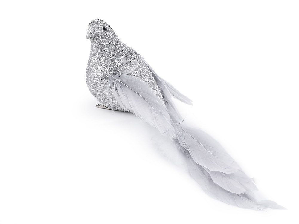 Dekorace glitrový ptáček s klipem - stříbrná