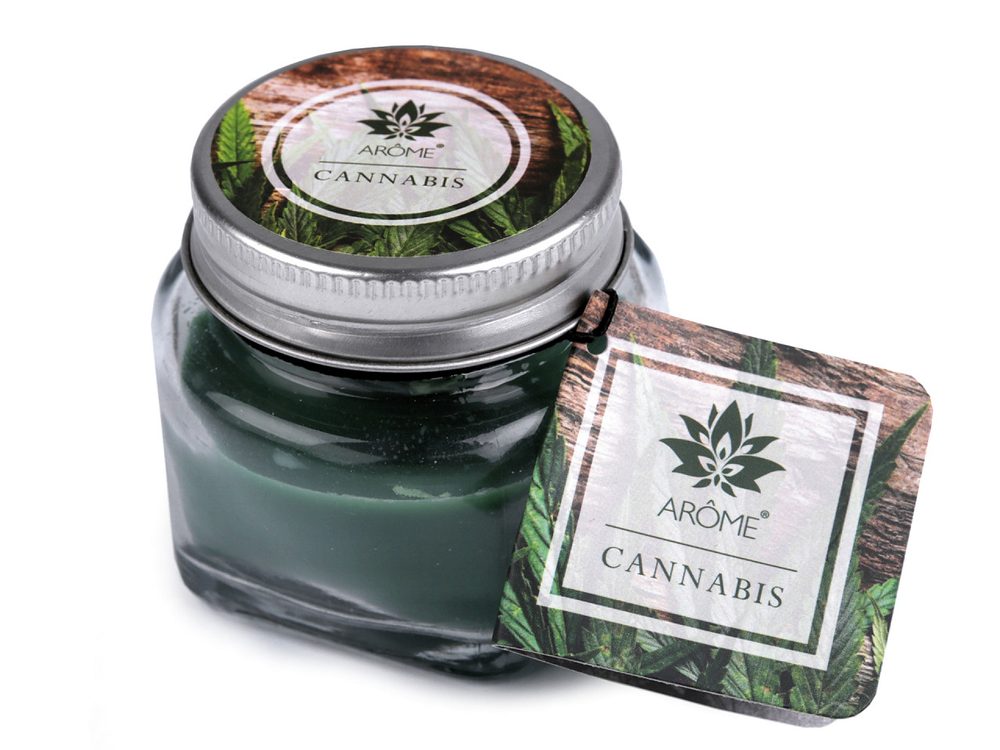 Malá vonná svíčka ve skle s jmenovkou - 6 (Cannabis) zelená tmavá