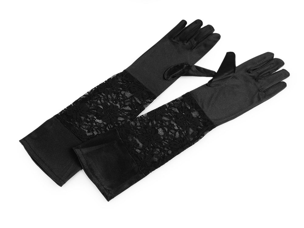 Dlouhé společenské rukavice saténové s krajkou - černá