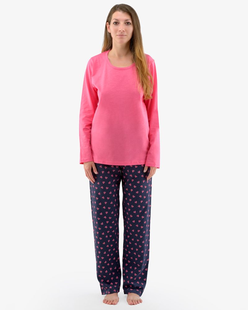 Dlouhé dámské pyžamo se srdíčky - purpurová lékořice - M
