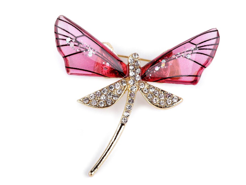 Brož s broušenými kamínky vážka, motýl - 1 růžová vážka