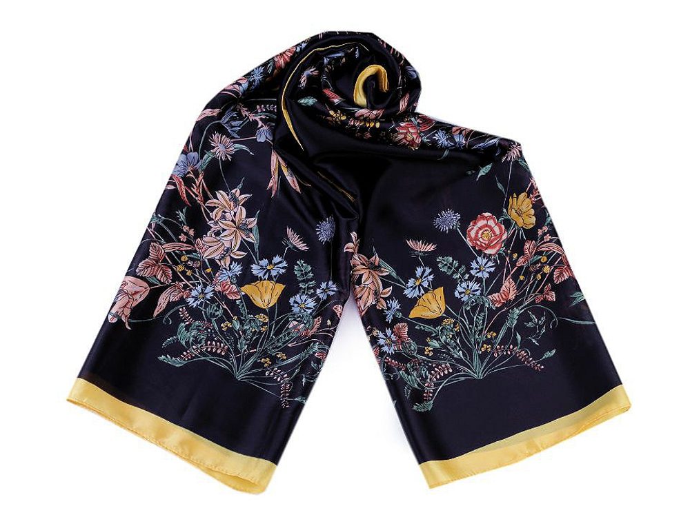Saténový šátek / šála s lučními květy 90x180 cm - 4 černá
