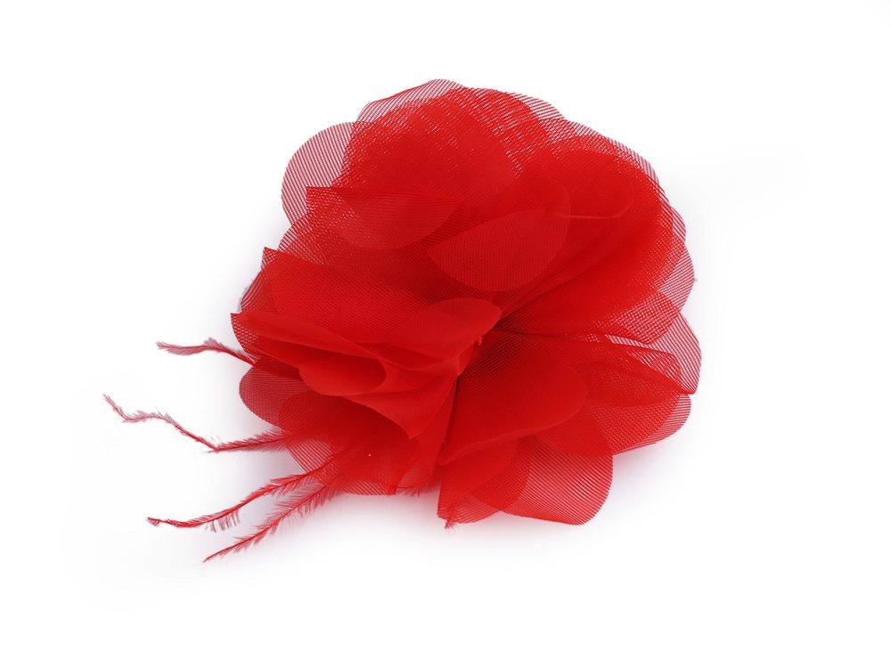 Šifónový květ s peřím k našití a nalepení Ø8-9 cm - 2 červená