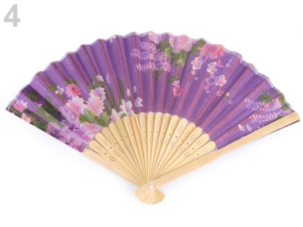 Vějíř textilní s květy - 4 fialová