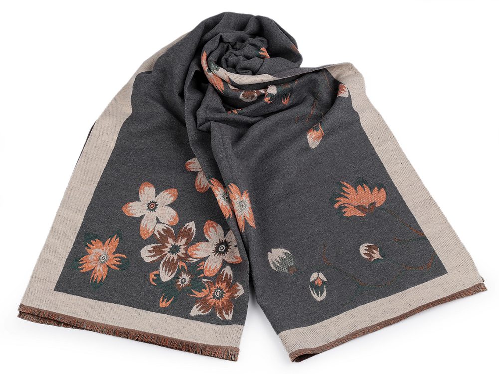 Šátek / šála typu kašmír s třásněmi, květy 65x190 cm - 7 šedá béžová světlá