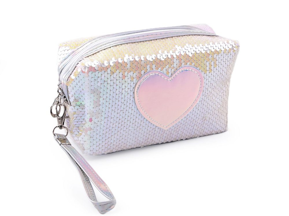 Pouzdro / kosmetická taška s oboustrannými flitry a srdcem 11x18 cm - 1 bílá růžová