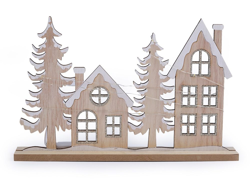 Dřevěná dekorace zimní domečky svítící LED - přírodní stř.