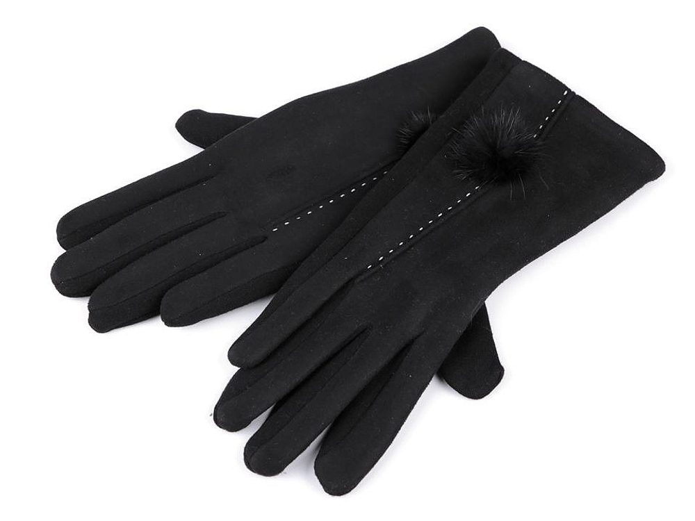 Dámské rukavice s kožešinovou bambulkou - 5 (vel. M) černá