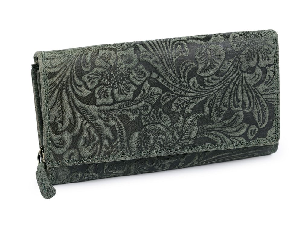 Dámská peněženka kožená s květy 10x19 cm - 21 zelenočerná
