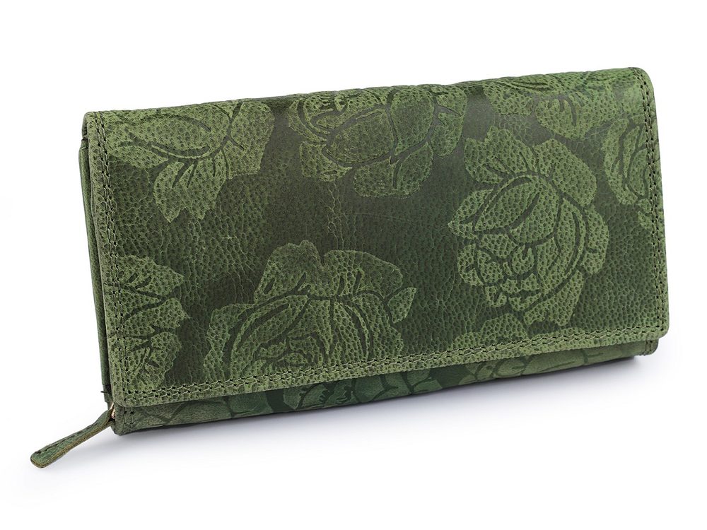 Dámská peněženka kožená s květy 10x19 cm - 15 zelená světlá