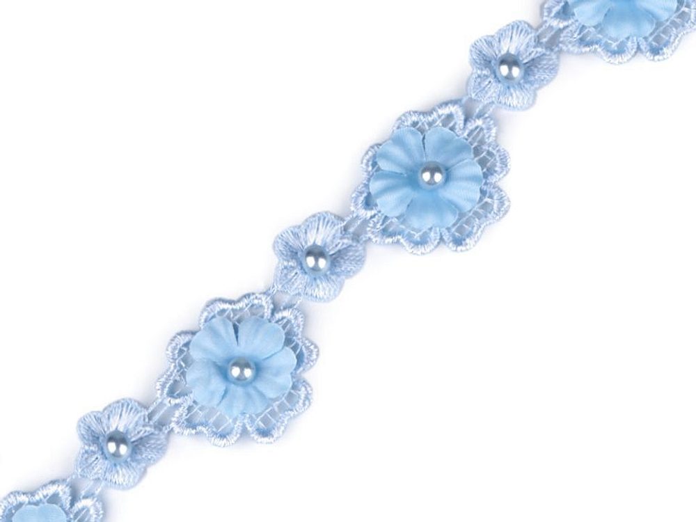 Krajka 3D květ s perlou šíře 30 mm METRÁŽ - 2 modrá pomněnková