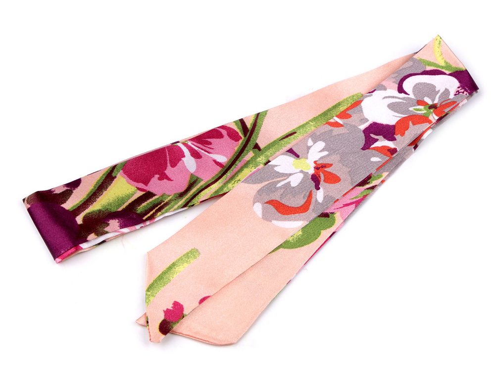 Šátek úzký do vlasů, na krk, na kabelku jednobarevný, s květy - 9 pudrová květy