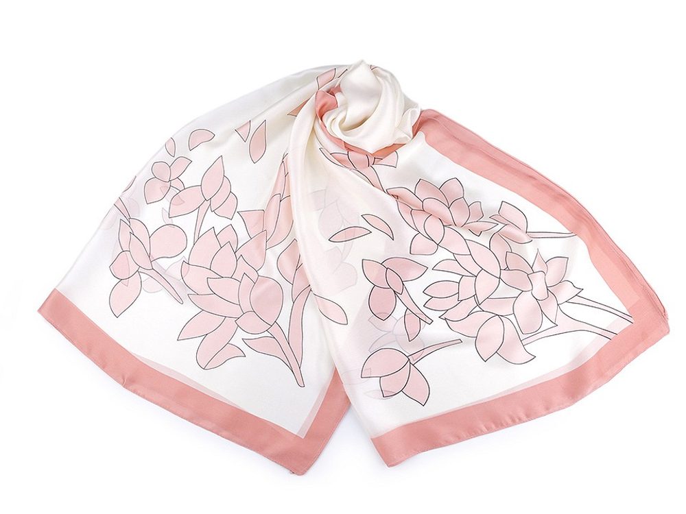 Saténový šátek / šála s květy 90x180 cm - 1 pudrová