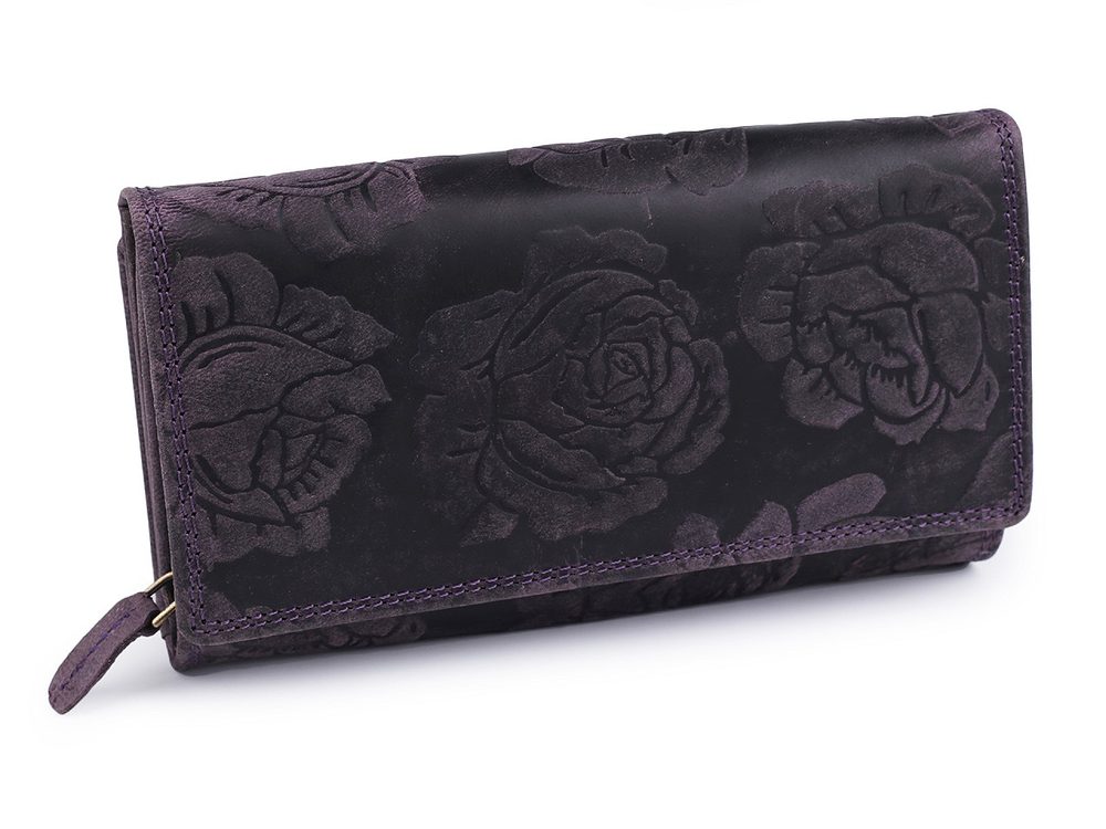 Dámská peněženka kožená s květy 10x19 cm - 14 fialová tmavá