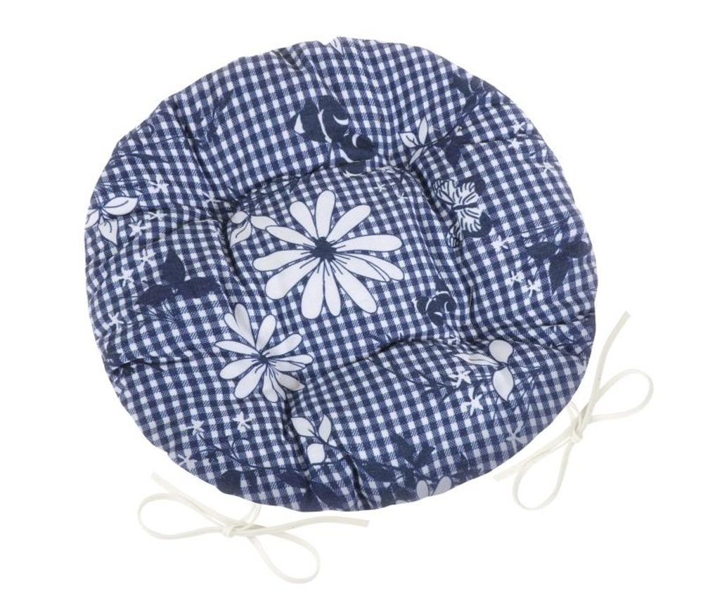Sedák DITA kulatý prošívaný - průměr 40 cm modrá kostička s květem