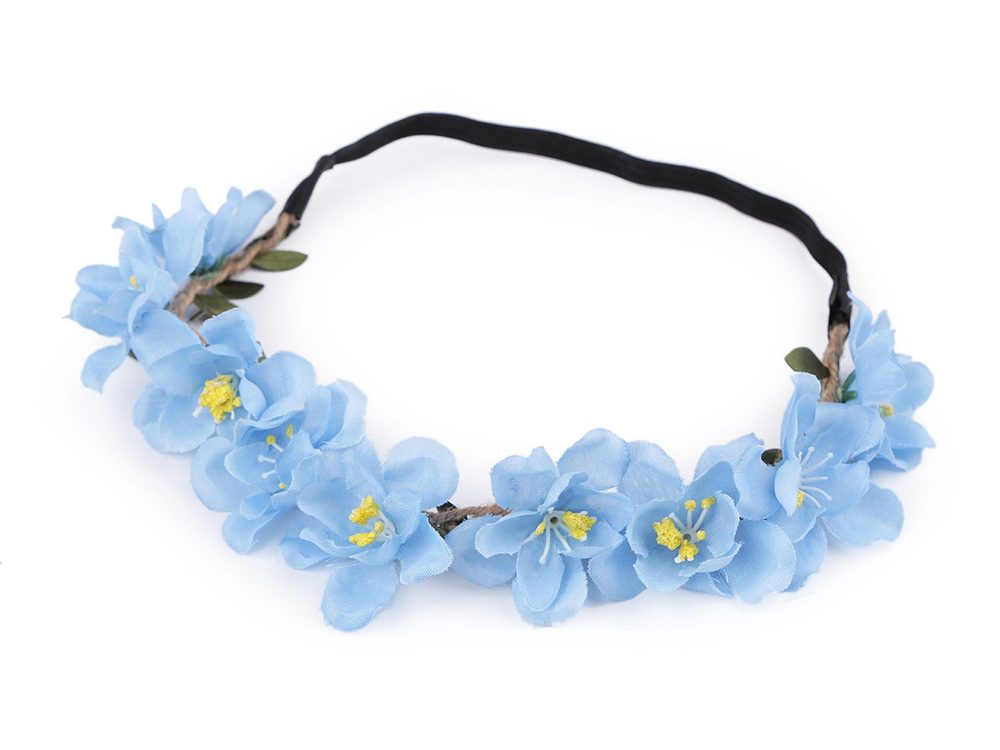 Pružná čelenka do vlasů s květy - 2 modrá světlá