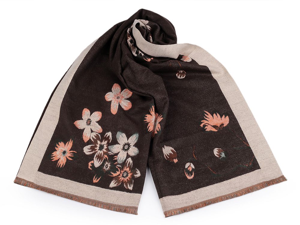 Šátek / šála typu kašmír s třásněmi, květy 65x190 cm - 2 béžová světlá hnědá
