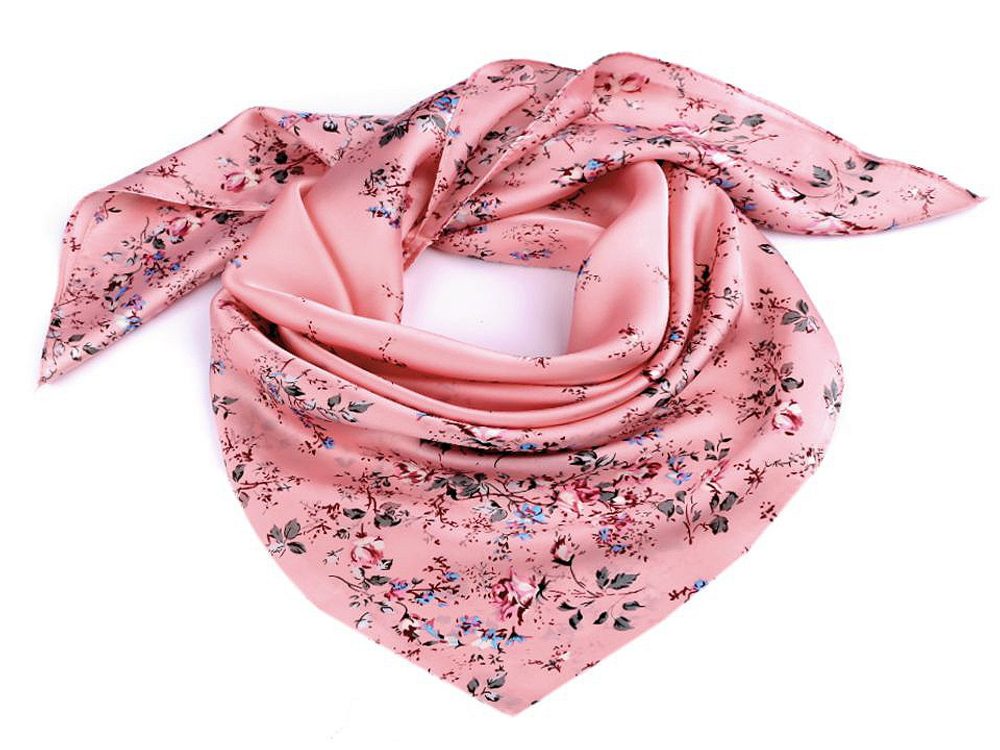 Saténový šátek květy růže 70x70 cm - 3 růžová střední