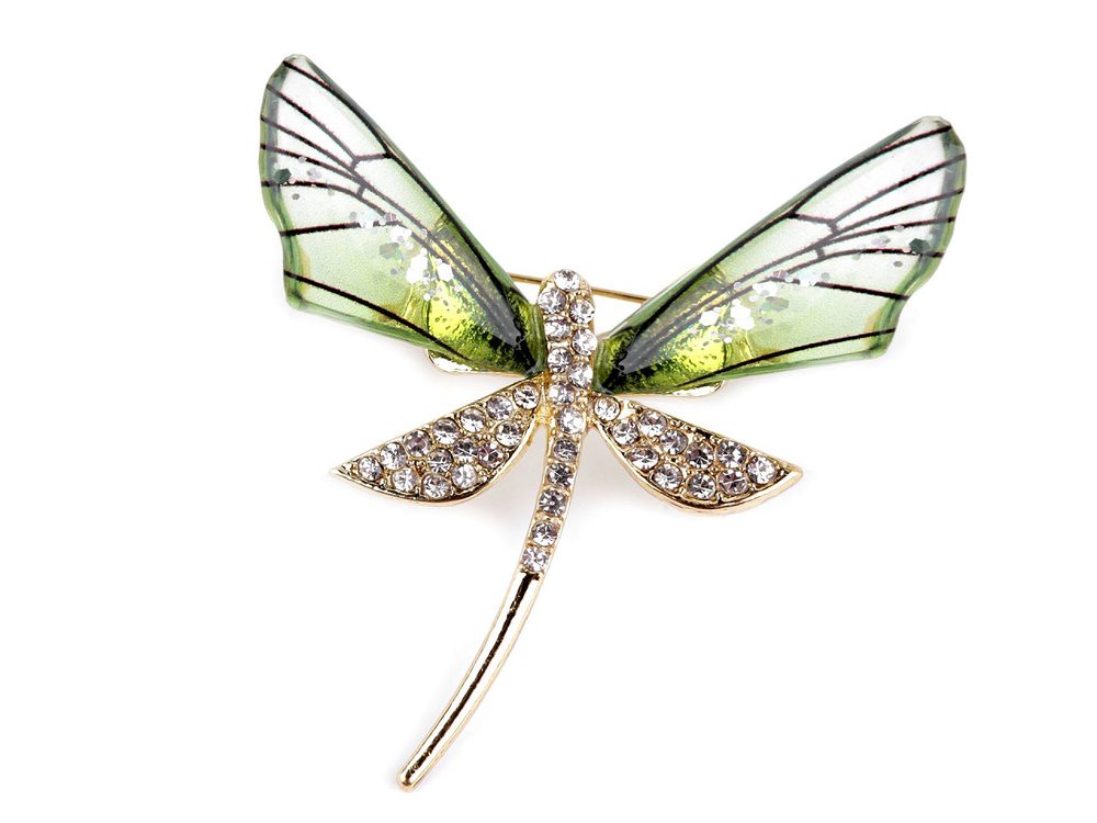 Brož s broušenými kamínky vážka, motýl - 3 zelená sv. vážka