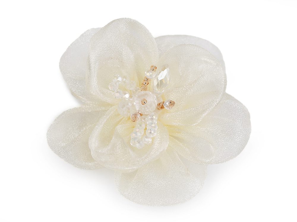 Květ s broušenými skleněnými korálky k našití a nalepení Ø6-7 cm - 2 krémová nejsvět.