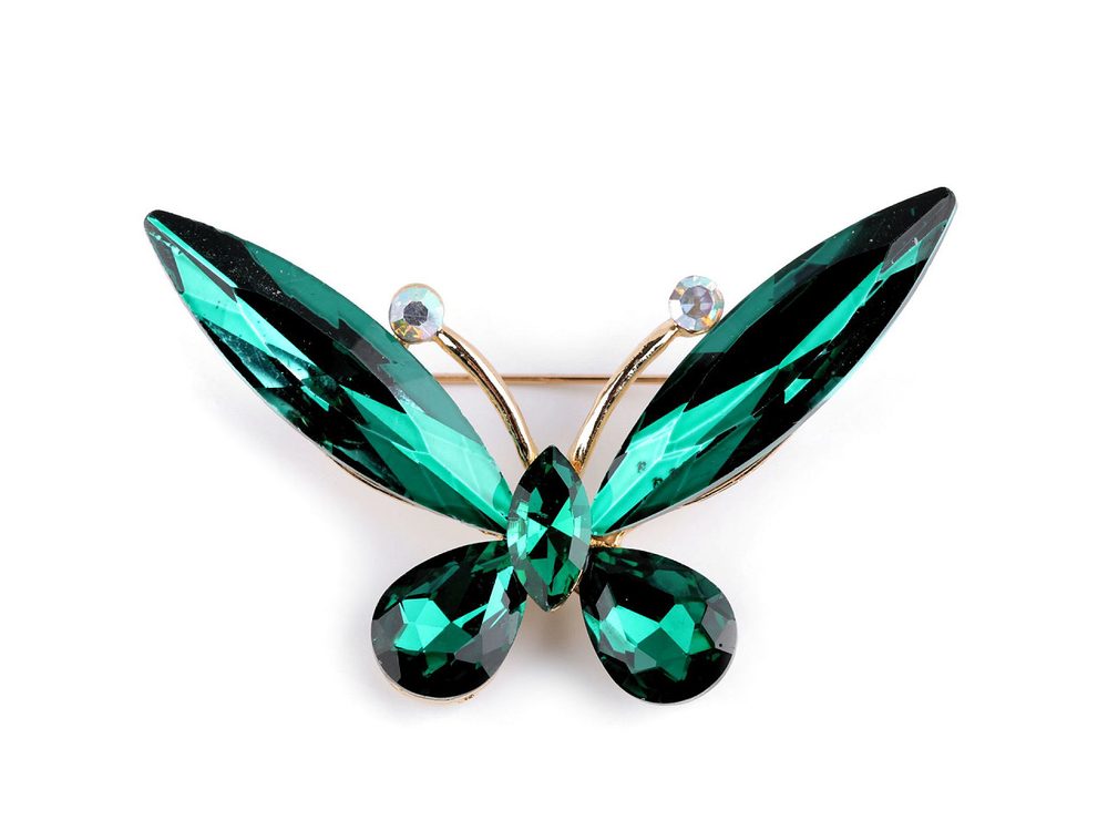 Brož s broušenými kamínky - 17 zelená smaragdová motýl