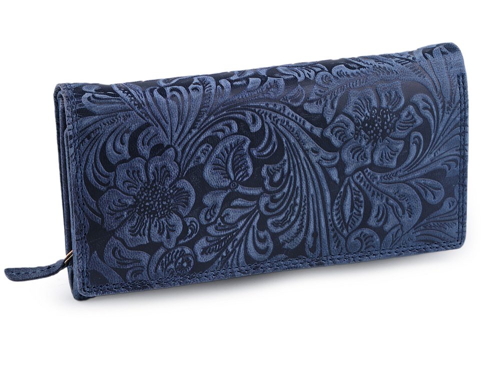 Dámská peněženka kožená s květy 10x19 cm - 23 modrá tmavá