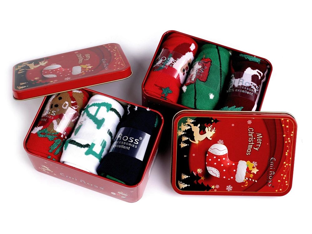 Vánoční ponožky v dárkové plechové krabičce Emi Ross 3 páry - 7 (43-46) mix náhodný - červená