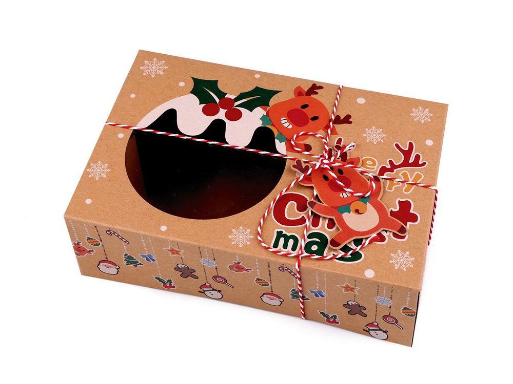 Vánoční dárková krabice s průhledem a jmenovkou - 2 hnědá přírodní sob