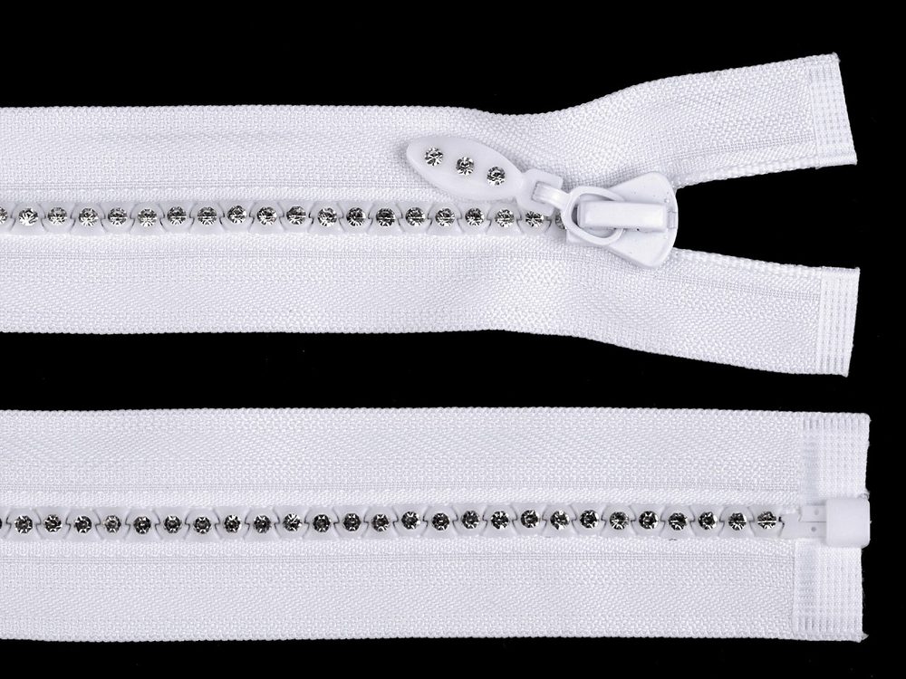 Kostěný zip šíře 4 mm délka 60 cm se štrasovými kamínky - 101 bílá
